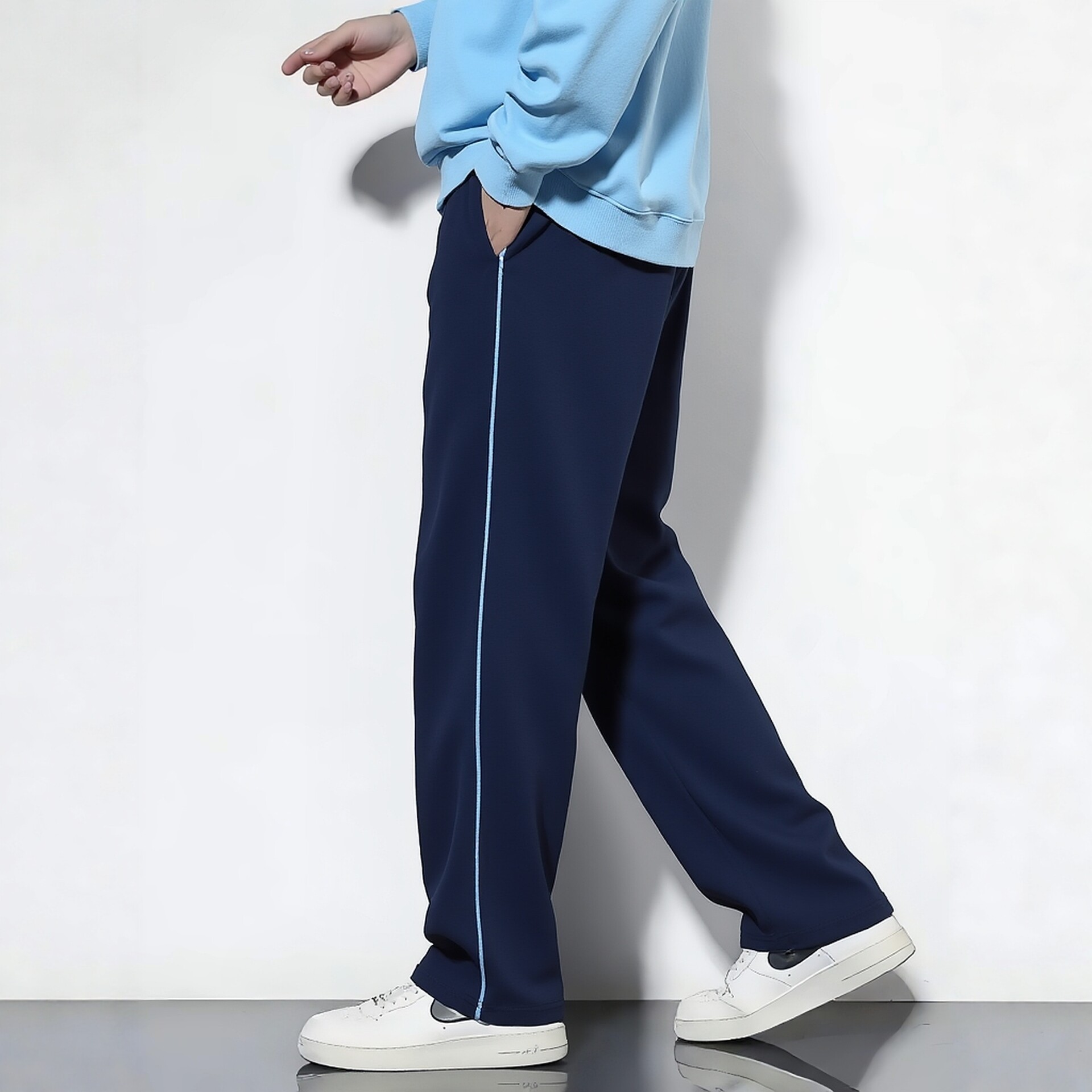 春夏秋季款浅藏青长裤镶天蓝色细杠条直筒裤子运动裤全棉休闲校裤