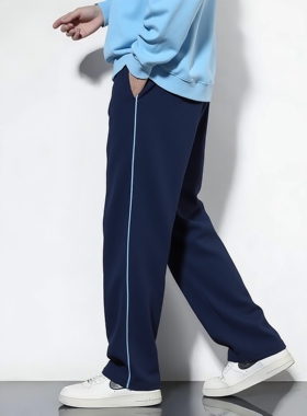 春夏秋季款浅藏青长裤镶天蓝色细杠条直筒裤子运动裤全棉休闲校裤