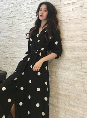 155小个子v领收腰显瘦黑色雪纺波点连衣裙女夏季150cm过膝长裙145
