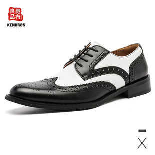 跨境大码真皮英伦布洛克雕花皮鞋 黑白撞色木根绅士鞋德比鞋 婚鞋