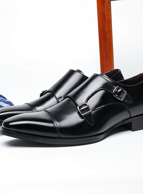 真皮尖头搭扣孟克鞋 英伦商务通勤办公皮鞋 正装男鞋婚鞋男绅士鞋