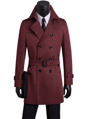 品牌韩版男士春秋中青少年加大码双排修身酒红色帅气外套风衣462