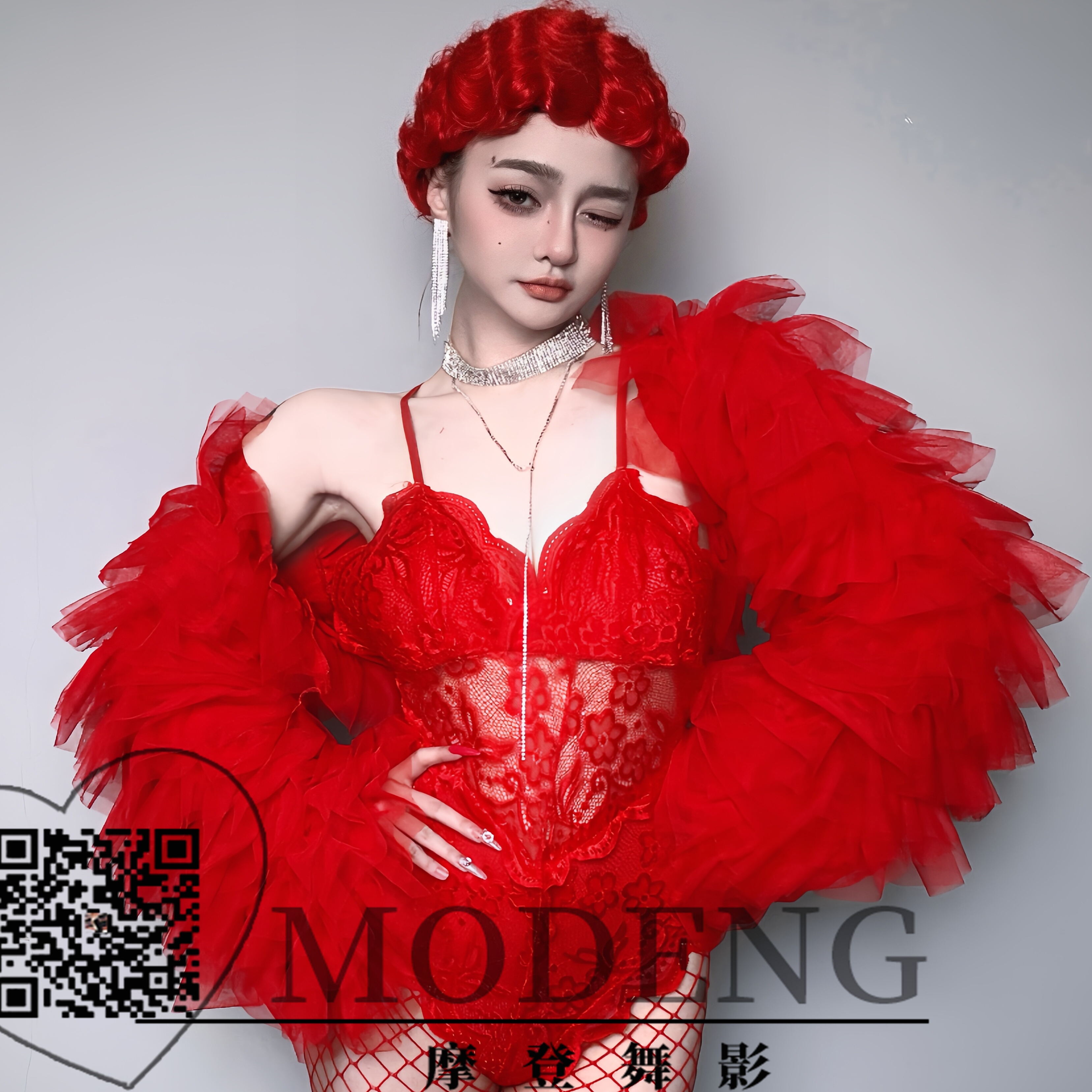 新款酒吧舞台GOGO秀红色复古蕾丝连体性感夸张蓬蓬纱袖夜店演出服