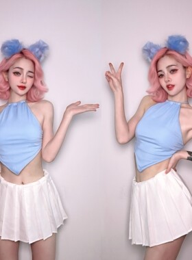 夜店酒吧ds演出服新款女团gogo性感蓝色挂脖吊带背心百褶裙套装潮