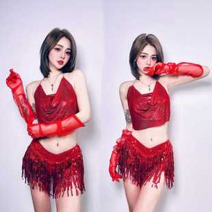 性感bling挂脖钻背心蹦迪上衣流苏亮片短裤高腰套装裙演出服