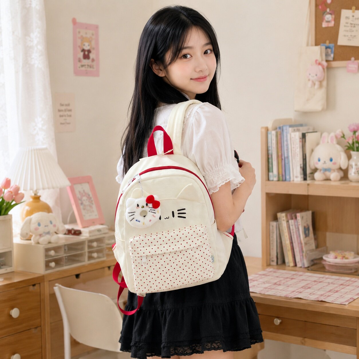 可爱猫脸帆布双肩包女2026新款少女猫耳朵休闲出行学生小书包背包