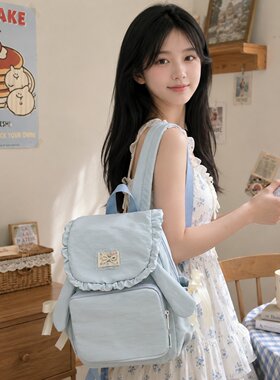 甜美休闲抽绳书包女韩系少女帆布双肩包小清新百搭ins风学生背包