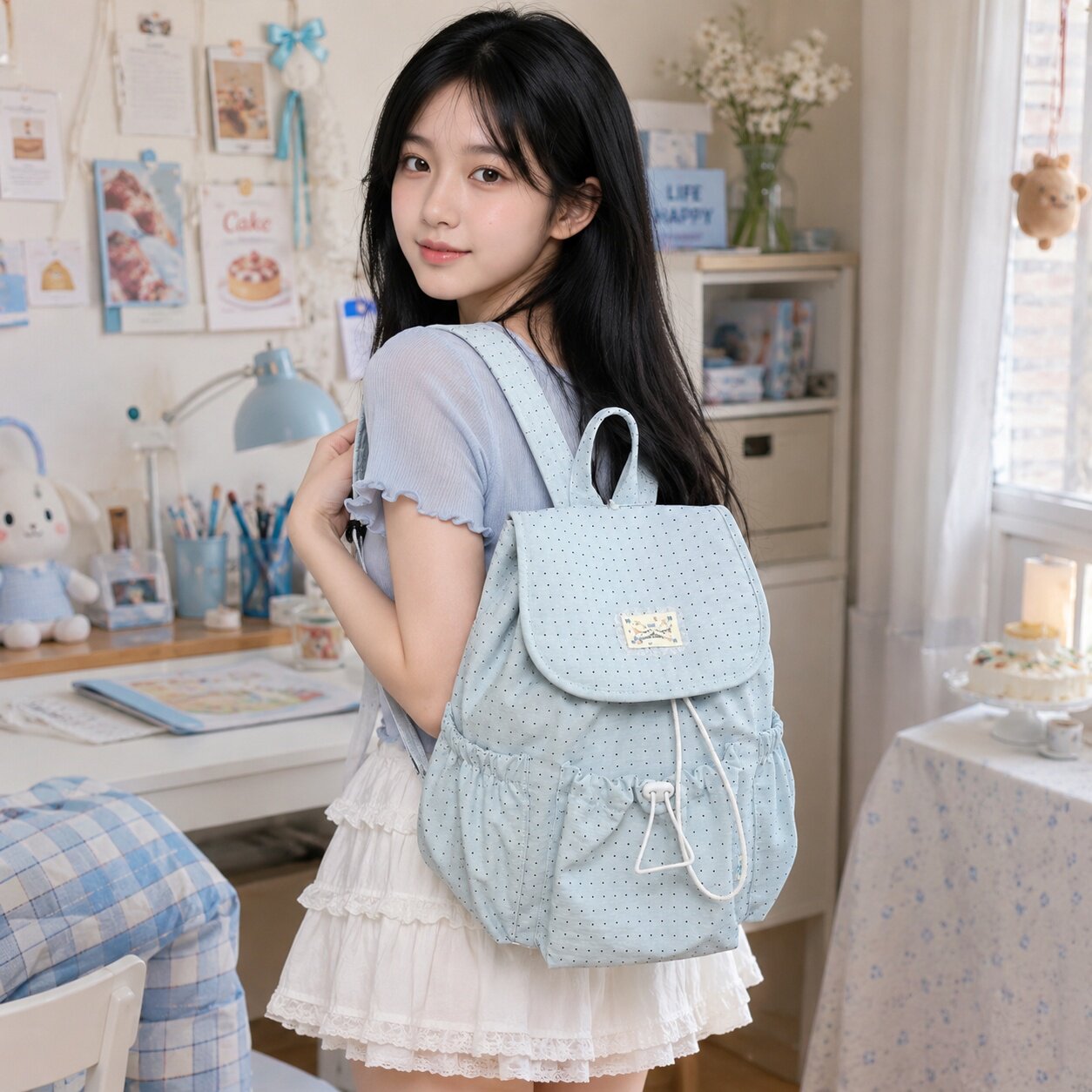 韩系百搭ins风学生书包女波点抽绳双肩包甜美少女前袋帆布小背包