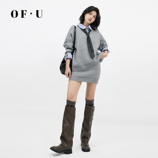 女秋冬慵懒毛衣短裙两件套 半身裙套装 U灰色假两件POLO领针织衫