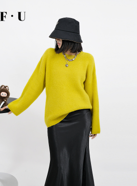 OF U松弛感黄色软糯奶fufu套头圆领毛衣女秋冬宽松慵懒针织衫上衣