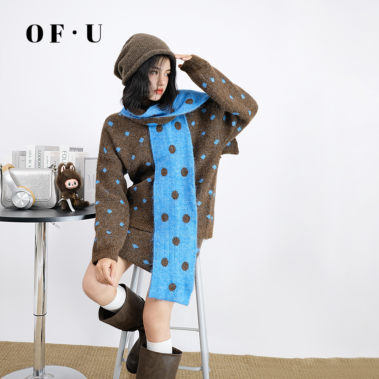 OF U复古波点围脖针织衫半身裙三件套女秋冬宽松慵懒毛衣短裙套装,女装/女士精品,时尚套装,淘宝优惠券,粉丝福利购,淘宝优惠卷