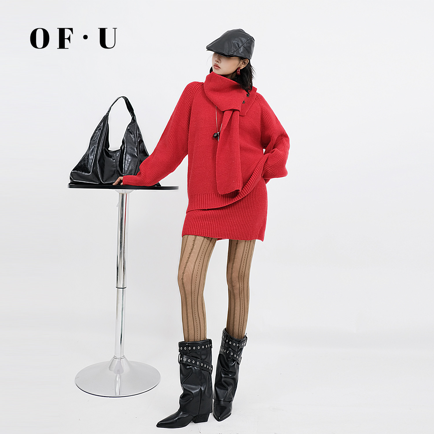 OF U慵懒高领围巾毛衣短裙三件套女秋冬宽松加厚针织衫半身裙套装,女装/女士精品,时尚套装,淘宝优惠券,粉丝福利购,淘宝优惠卷