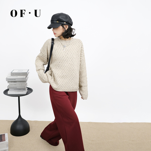 OF U斜条纹圆领毛衣半身裙两件套女春节款慵懒宽松针织衫短裙套装