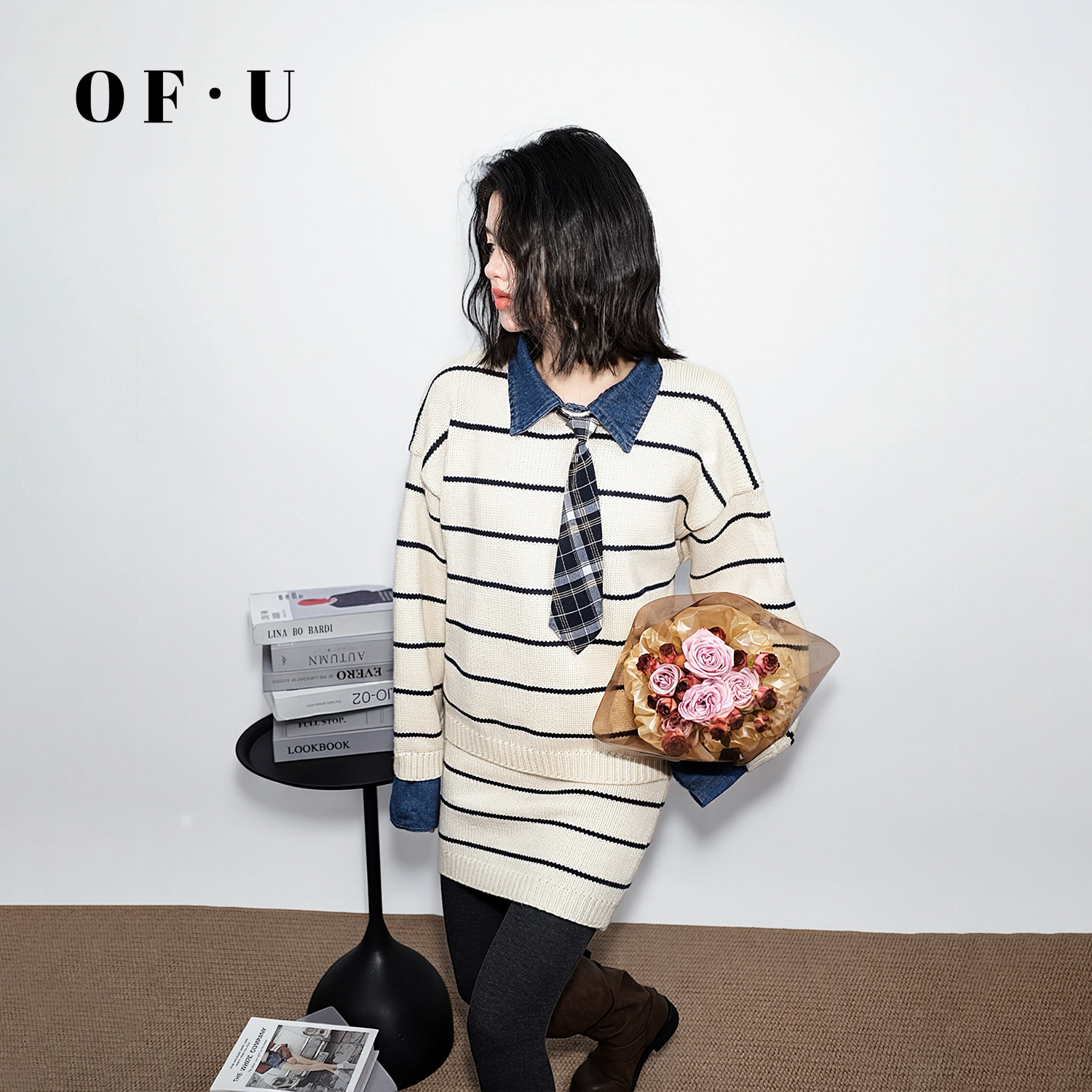 OF U春节款白色条纹假两件针织衫半身裙两件套女慵懒毛衣短裙套装,女装/女士精品,时尚套装,淘宝优惠券,粉丝福利购,淘宝优惠卷