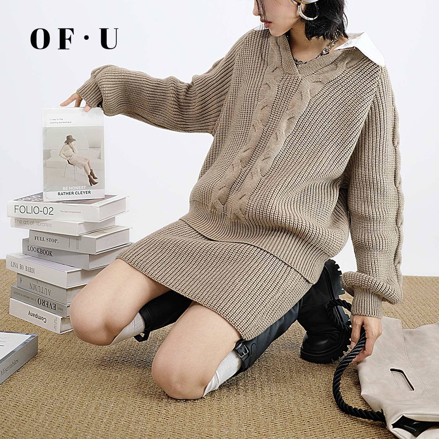 OF U高级感翻领假两件毛衣包臀裙两件套女秋冬慵懒针织衫短裙套装