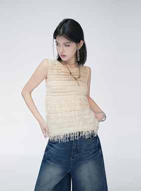 OF U度假风下摆流苏针织背心女夏季新款镂空圆领裙摆无袖上衣套装