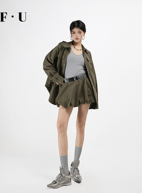 OF U美式辣妹工装套装春季长袖翻领衬衫外套a字花苞短裙三件套女