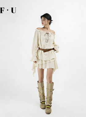 OF U春夏松紧腰荷叶边蛋糕短裙套装韩系一字肩不规则上衣两件套女