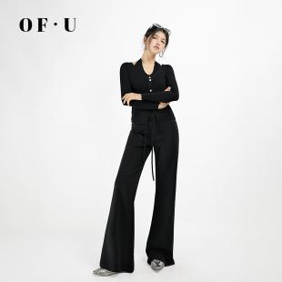 上衣套装 假两件挂脖V领针织开衫 微喇瑜伽高弹休闲运动裤 U美式