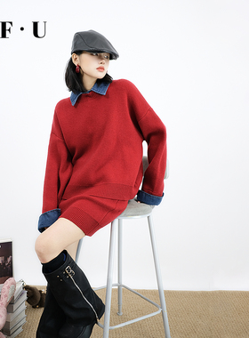 OF U新年红色假两件毛衣半身裙两件套女秋冬宽松针织衫短裙一整套