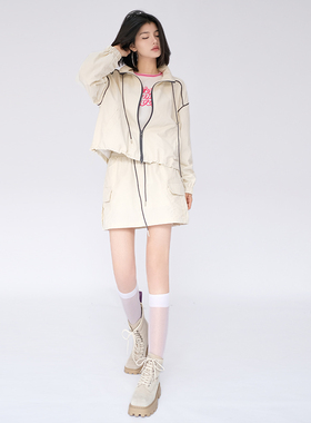 OF U杏色休闲立领上衣短裙运动外套春夏宽松防晒外套半身裙两件套