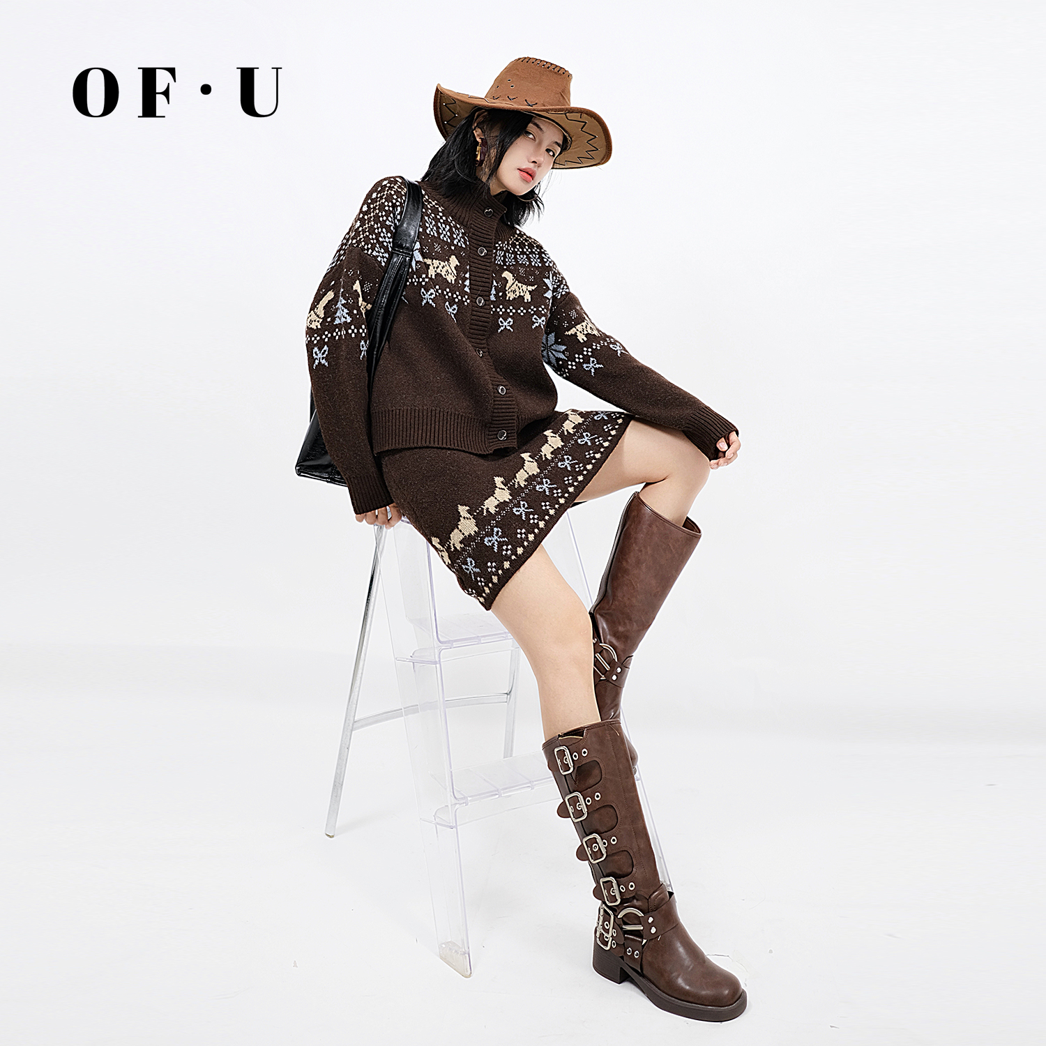 OF U复古慵懒风立领针织开衫短裙两件套女秋冬费尔岛提花毛衣套装