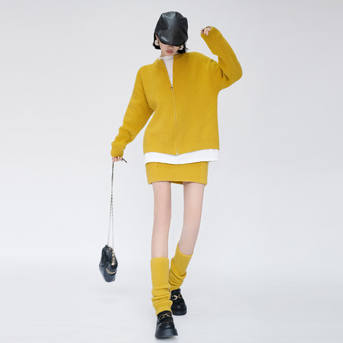 慵懒风黄色毛衣半身裙两件套女