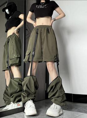 可拆卸军绿色工装裤女夏季束脚裤2026新款辣妹设计感高街休闲裤子