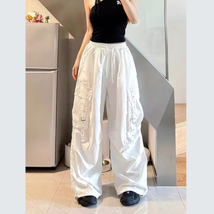美式白色工装裤女宽松多口袋百搭直筒阔腿裤嘻哈街舞休闲运动裤子