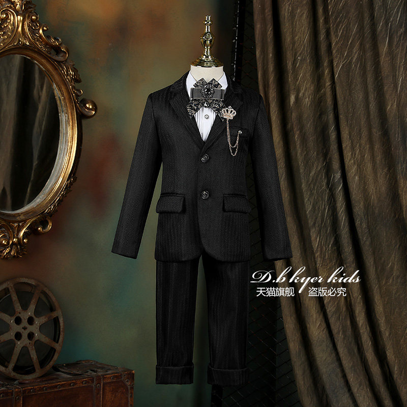 男童西服套装2025新款儿童纯黑色礼服小男孩主持人钢琴演出服西装