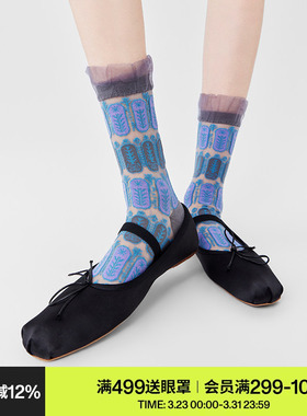 AR袜子女款中筒袜春夏季薄复古百搭蓝色花边罗口亮光卡丝袜芭蕾风