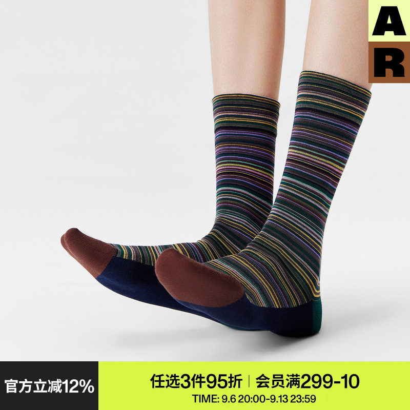 AR袜子女薄款无骨撞色条纹中筒袜百搭长袜显瘦堆堆袜复古艺术生袜图片
