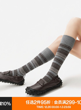 AR小腿袜子女秋冬款保暖长筒灰色条纹美腿显瘦堆堆袜子春秋季日系