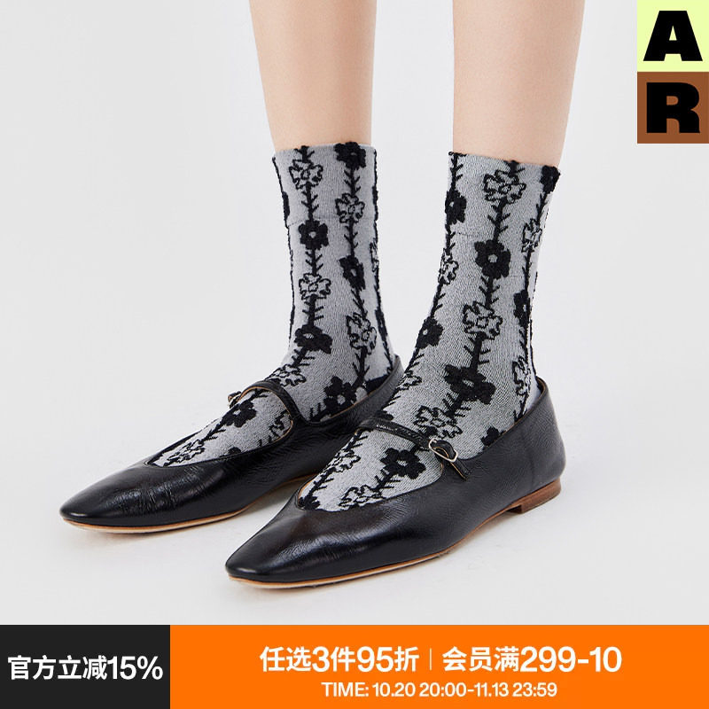 AR袜子女款中筒袜春夏季薄款灰色复古浮雕小花亮光丝短袜蕾丝花边