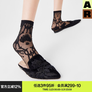 AR袜子女款 黑色复古蕾丝薄网纱花纹水晶袜透明玻璃丝袜 短袜春夏季