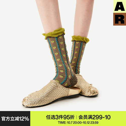 AR袜子女秋冬季复古风文艺中筒袜百搭显瘦长筒袜春秋miu系堆堆袜
