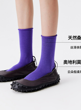 AR袜子女款桑蚕丝莫代尔春夏季紫色中筒袜轻薄透气百搭纯色堆堆袜