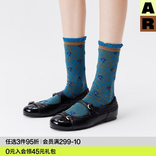 AR袜子女款春夏季薄款蒲公英提花亮光丝袜蓝色中筒袜复古风设计感