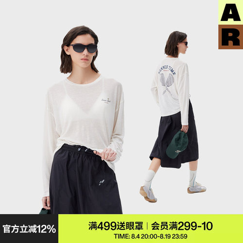 AR天丝亚麻网球印花长袖T恤上衣女装夏季薄款清凉宽松型圆领罩衫