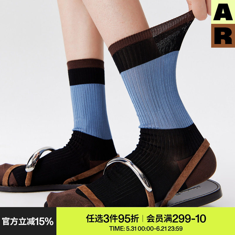 AR袜子女款中筒袜春夏季薄款透气亮光蓝黑拼色水晶袜玻璃金银丝袜