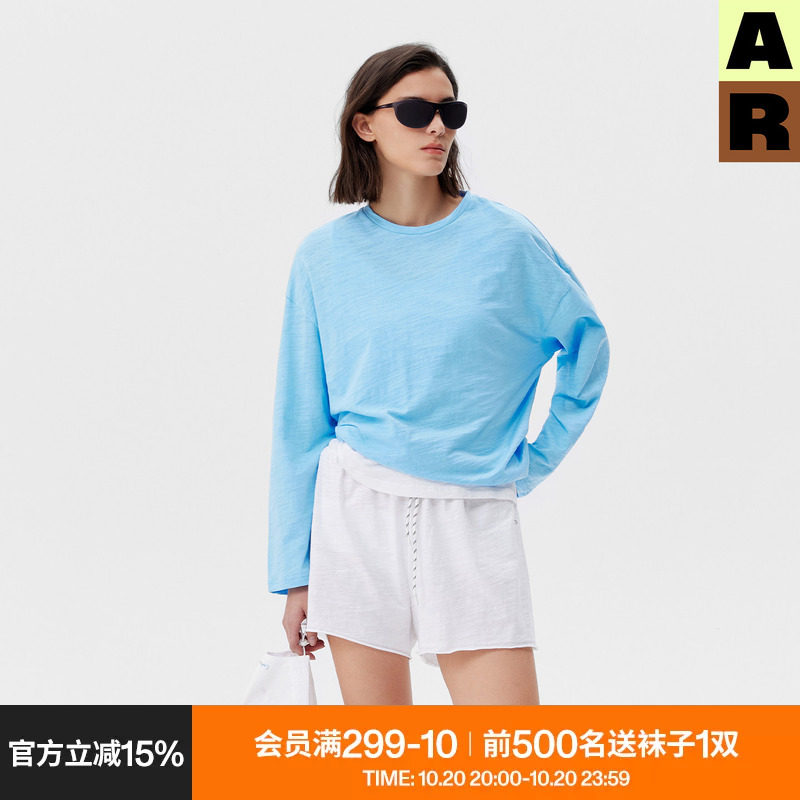 AR「softnotes」纯色竹节棉家居服可外穿长袖t恤上衣女装夏季宽松