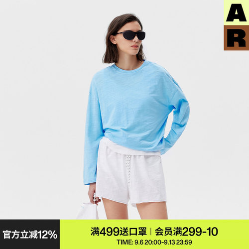 AR「softnotes」纯色竹节棉家居服可外穿长袖t恤上衣女装夏季宽松