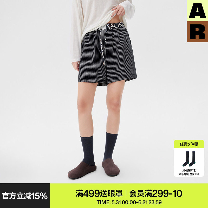 AR条纹黑色散步短裤松弛家居裤子女款夏可外穿宽松直筒休闲遛弯裤