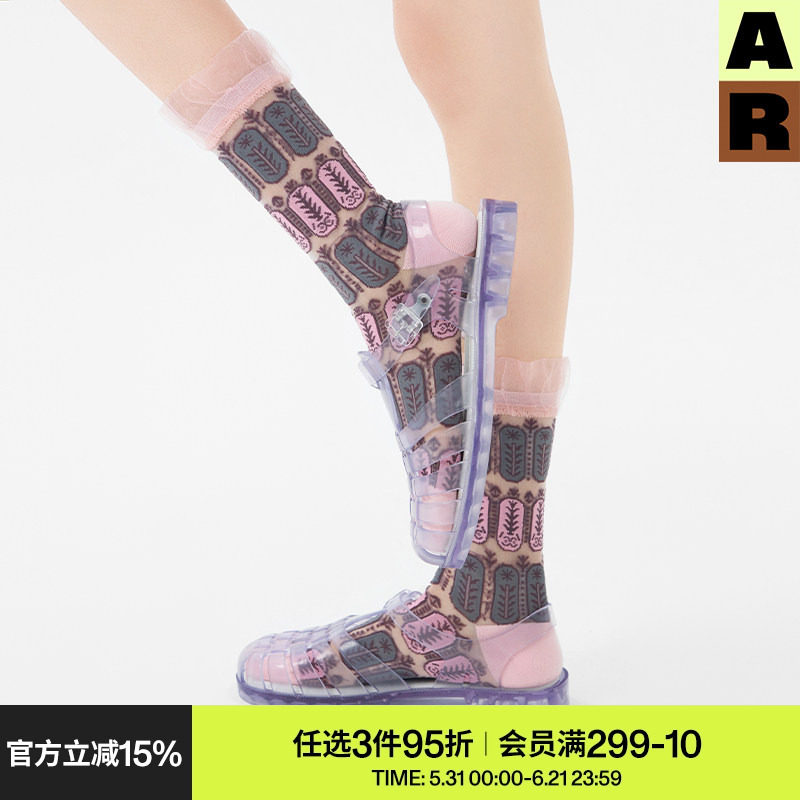 AR袜子女复古浮雕花边罗口亮光丝袜芭蕾风中筒袜2025薄款春夏小众
