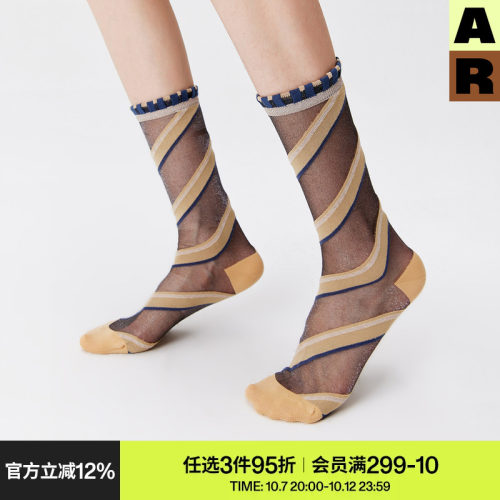 AR袜子女款中筒袜春夏季薄款透气斜纹撞色水晶袜玻璃金银丝卡丝袜