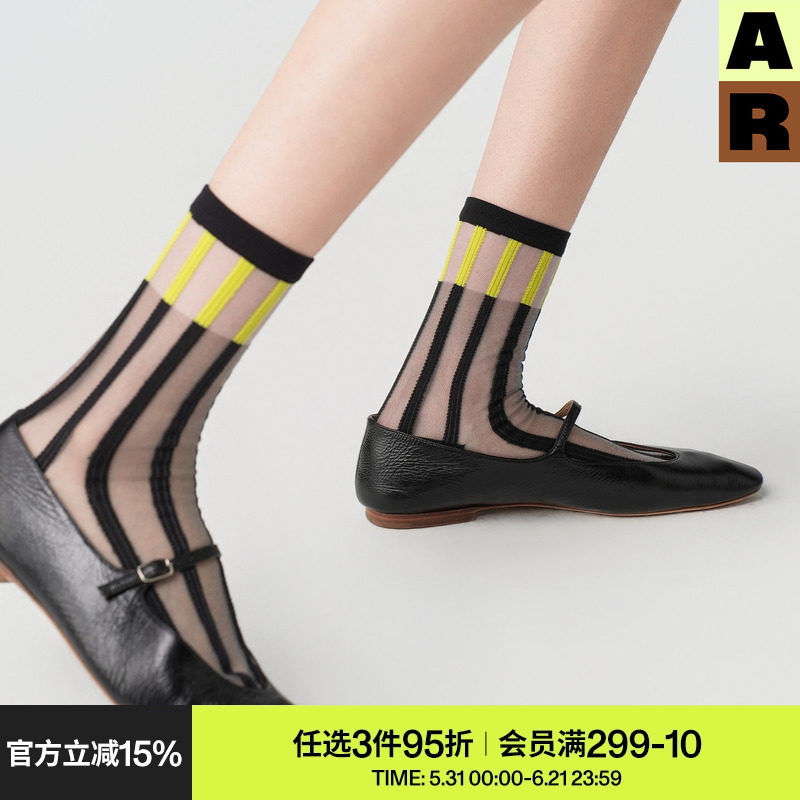 AR袜子夏薄款女款轻透条纹中筒袜黑色冰冰丝袜复古玛丽珍袜堆堆袜