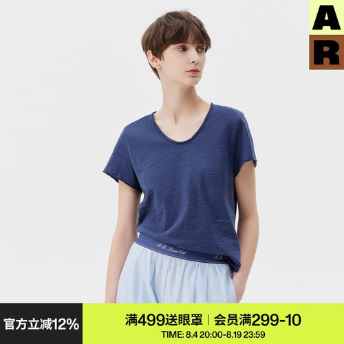 AR「softnotes」竹节棉V领纯棉短袖t恤女春季家居服慵懒早春上衣