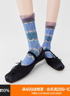 AR袜子女款中筒袜春夏季薄复古百搭蓝色花边罗口亮光卡丝袜芭蕾风