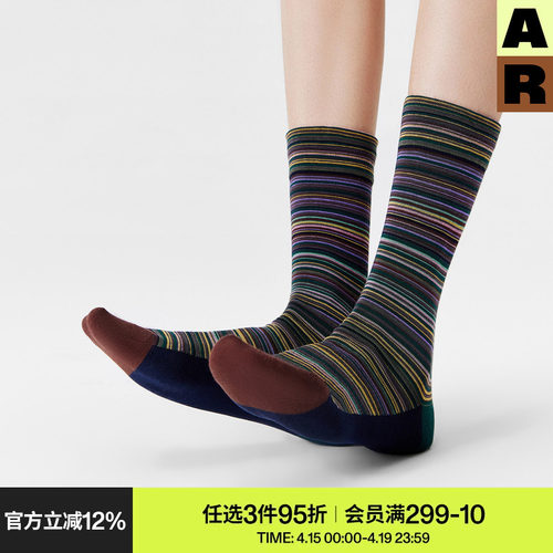 AR袜子女款春夏季薄款撞色条纹中筒袜百搭显瘦堆堆袜复古艺术生袜