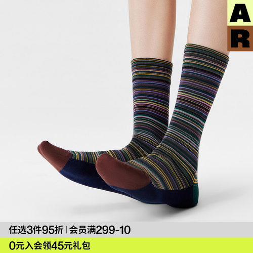 AR袜子女款春夏季薄款撞色条纹中筒袜百搭显瘦堆堆袜复古艺术生袜